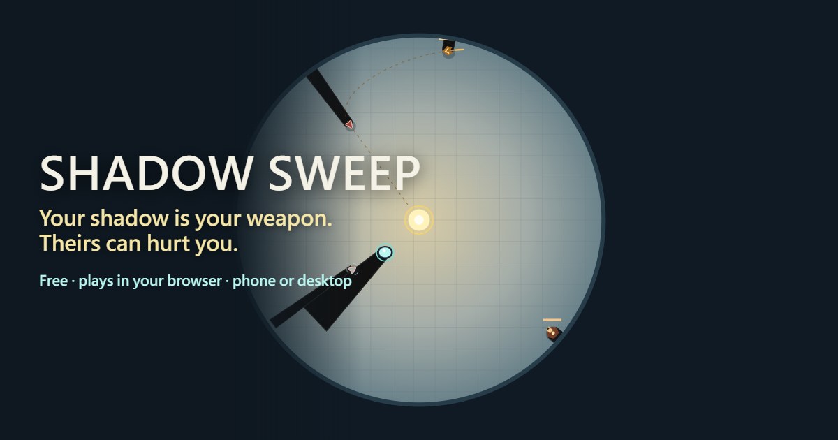 Shadow Sweep: a glowing light in a circular arena, with player and enemy shadows stretching outward.
